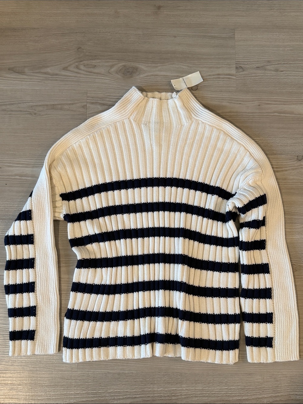 Abercrombie & Fitch Cream and Navy Striped Ribbed Mock Neck Sweater